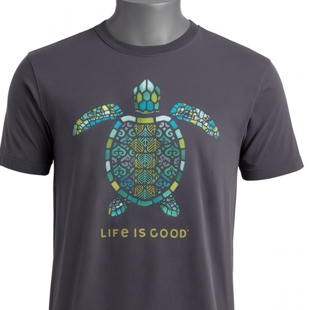 Life Is Good Large Mandala Turtle Crusher T Shirt Blue Travel Beach Summer Tee‎